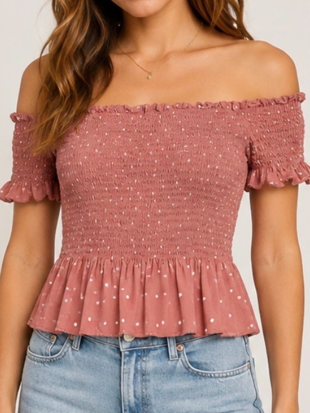 Japna Dusty Pink Mauve Off Shoulder Smocked Polka Dot Peplum Top Medium Boho